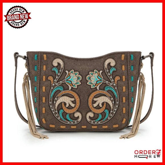 Handbags - Western Embroidered Crossbody Bag with Tassels, 10x6x3 Inches